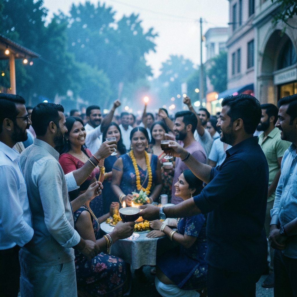 wide documentary photograph of a gathering under soft evening light with warm orange and deep navy tones